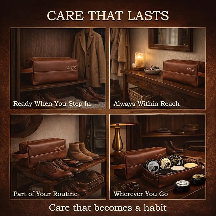 Shoe Care Kit – 16-in-1 Leather Shoe Polish, Cleaning & Conditioning Kit with Saddle Soap & Mink Oil – Black/Brown/Neutral Shoe Polish, 3 Horsehair Brushes – Luxury Leather Bag – Gift for Men & Women