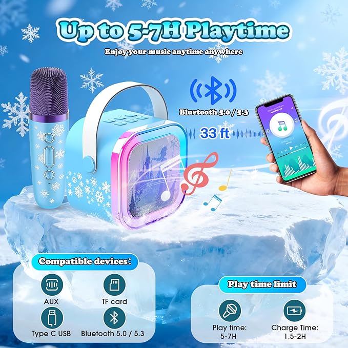 Mini Karaoke Machine for Kids,5 Voice Effects - Portable Bluetooth Speaker with 2 Wireless Mics LED Lights for Boys Girls Ages 3-12| Kids Karaoke Machine Birthday Gift Toy for Singing,Party & Play