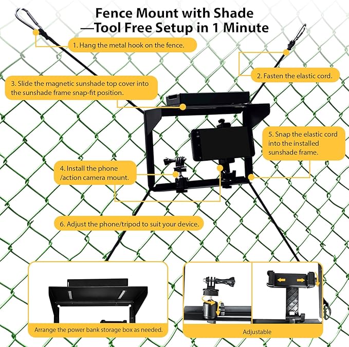 Magicbox Phone Fence Mount with Magnetic Shade Pro - 360° Adjustable Phone/Camera Bracket for iPhone, Samsung, GoPro & Mevo Start - Baseball, Softball, Tennis Sports Mounting Kit for Gamechanger