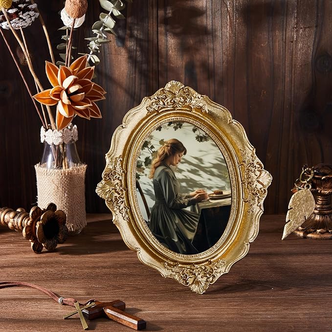 3 Pcs Gold Vintage Picture Frame Set Antique Oval Picture Frames 4x6, 5x7 Inch Baroque Photo Ornate Frames with Glass Gift for Tabletop Hanging Wall Art Wedding Home(Retro Style)