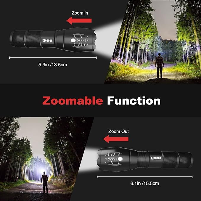 COSOOS 2 Tactical Flashlights with Holsters, Bright LED Flashlight High Lumen, 5 Mode Portable Zoomable Waterproof Flash Light for Hiking, Outdoor Camping Gear Essential, No AAA Battery
