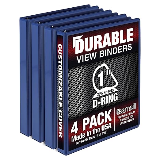 Samsill Durable 1 inch 3 Ring Binder, Made in USA, D Ring Binder, FSC 100% Recycled Chipboard, Blue, 4 Pack