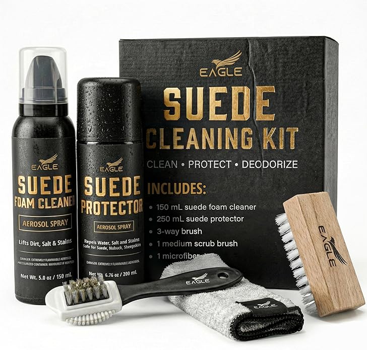 Eagle Suede & Nubuck Cleaning Kit – 5-Piece Set with Foam Suede Cleaner & Protector Spray, 3-Way Brush, Scrub Brush & Cloth – Suede Care Kit for Shoes & Boots- Compatible with Ugg Boots