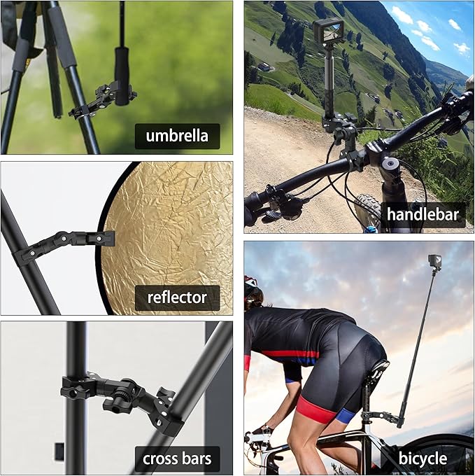 Double Clamp Mount Bracket Magic Arm with 1/4" Screw Interface, Double Super Camera Umbrella Clamp for Chair, Strollers, Photo Studio Light Stand, Motorcycle, Poles, Photography Reflector, Flag