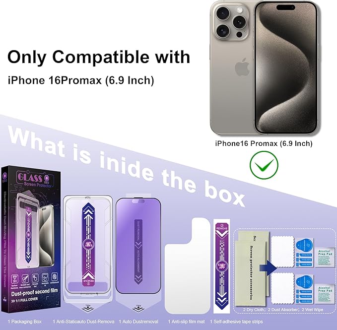 SHANG PIN JIA 2 Pack Anti Blue Light Matte Screen Protector for iPhone 16 Pro Max 6.9-Inch Auto Dust Removal, No Bubbles, Tempered Glass Film, Easy Installation