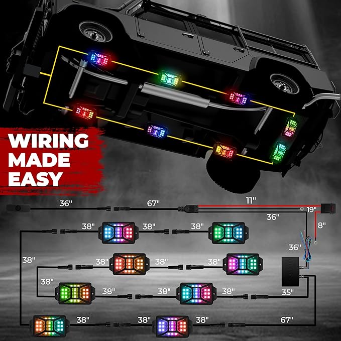 8 Pods Five Sided RGB Rock Lights for Trucks Jeep UTV SUV ATV Golf Cart, Multi Chasing Color App/Remote Control Led Rock Lights with Music Mode, Waterproof Exterior Underglow Kits for Cars