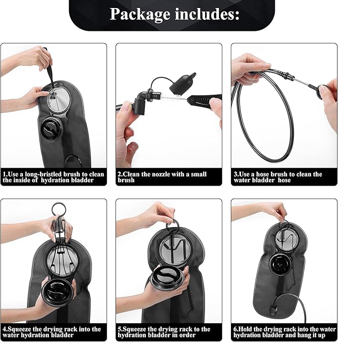 Feekoon Reservoirs Backpack Accessories Hydration Bladder Cleaning Kit with Flexible Long Brush for Hose, Small Bite Valve and Big Brush, Drying Collapsible Bladder Frame, Carrying Pouch