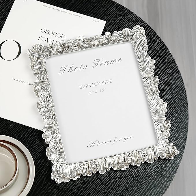 Cuspin Silver 8x10 Picture Frame, Vintage Silver Ornate Palm Leaves Textured Hand-Crafted Resin with Glass Front, Elegant Retro Design Photo Frame for Wall Hanging and Tabletop Display Home Decor
