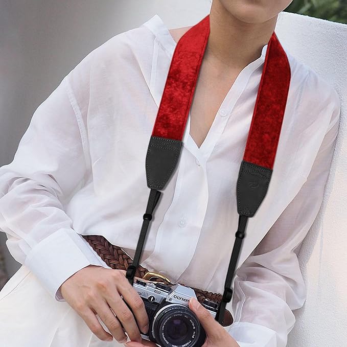 Padwa Lifestyle Velvet Camera Strap - 2" Double Layer Full Grain Cowhide Leather Head Camera Straps for Photographers,Unique Soft Velvet Fabric with Quick Release fits all Cameras - Ruby Red