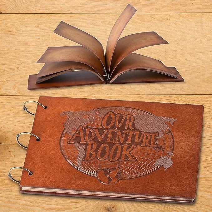 Adventure Book 3D Wooden Cover Scrapbook Photo Album 11.92 x 7.62"Timeless Memory Journal for Unforgettable Adventures&Precious Moments-Ideal for Anniversaries,Travel&Couple Gifts (3D Wooden Letter)