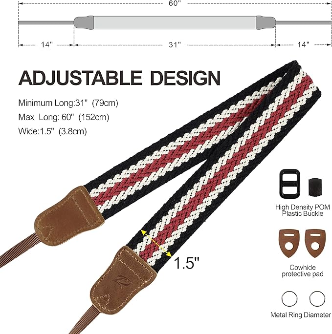 Padwa Lifestyle Stripes Camera Strap - 1.5" Crazy Horse Cowhide Head Soft Cotton Rope Weave Camera Straps for Photographers and All Cameras,Cute Adjustable Vintage Woven Strap for Adults & Kids