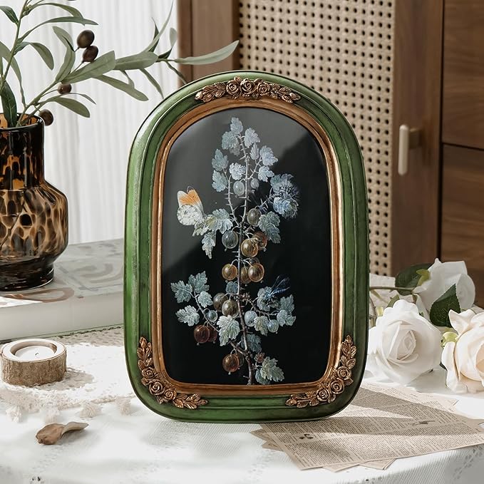 Cuspin 8x10 Vintage Picture Frame, Ornate Green and Gold Frames, Hand-Crafted Flower Textured Resin Frame with Glass Front for Wall Hanging and Tabletop Display Home Decor
