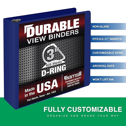 Samsill Durable 3 Inch Binder, Made in The USA, D Ring Binder, Customizable Clear View Cover, Dark Blue, Holds 625 Pages