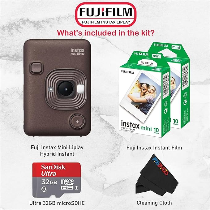 Fujifilm Mini LiPlay Hybrid Instant Camera with Mini Film, 32GB microSD Card, Charging Cable, Hand Strap and Pixibytes Microfiber Cleaning Cloth... (Deep Bronze + 20 Sheets)