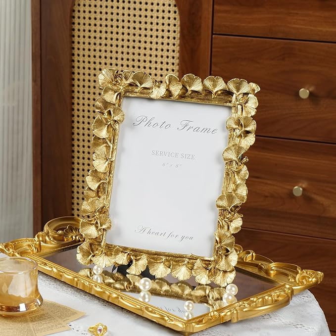 Cuspin 6x8 Picture Frame, Vintage Ornate Gold Resin Frame with Glass Front, Ginkgo Leaf Textured, Tabletop Display & Wall Hanging, Retro Home Decor