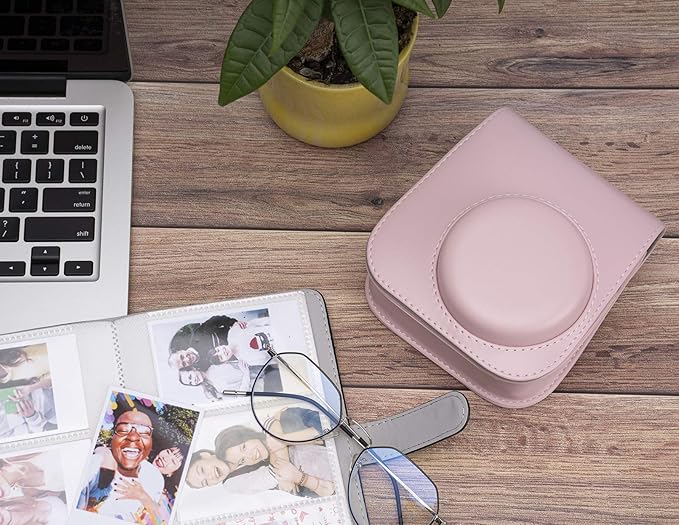 Frankmate PU Leather Camera Case Compatible with Fujifilm Instax Mini 11 12 Instant Camera with Adjustable Strap and Pocket (Pink)