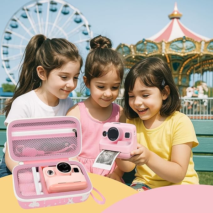Case Compatible with DYLANTO for ESOXOFFORE for ETIKEZ for YTETCN for DUDUDRAGON Instant Print Camera, Kids Camera Storage for Accessories (Box Only) (Case and 3 Paper Rolls, Pink-Rabbit)