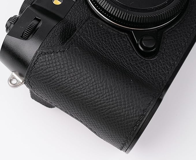 handmade Genuine Leather Camera Half Case for Fujifilm X-T50 - Top Layer Cowhide Body + Metal Base Plate - Hand Shank Free Design (Black)