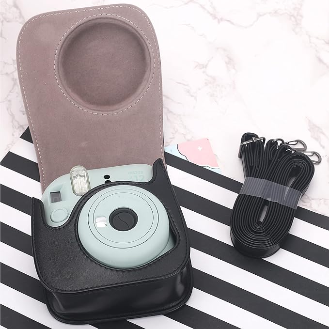 Frankmate Protective Case Compatible with Fujifilm Instax Mini 12 11 9 8 Instant Film Camera with Pocket and Adjustable Strap (Black)