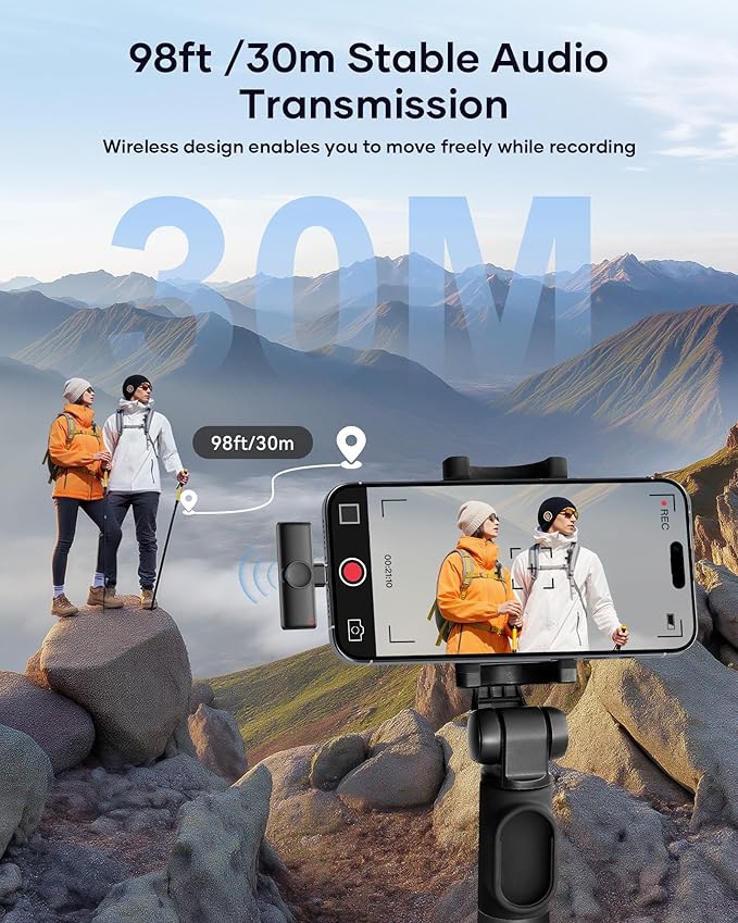 Wireless Microphone for iPhone iPad and Android Phone, 2 Pack Wireless Lavalier Lapel Mic with Noise Reduction, Plug and Play Mini Microphone for Video Recording Interview Podcast YouTube TikTok Vlog