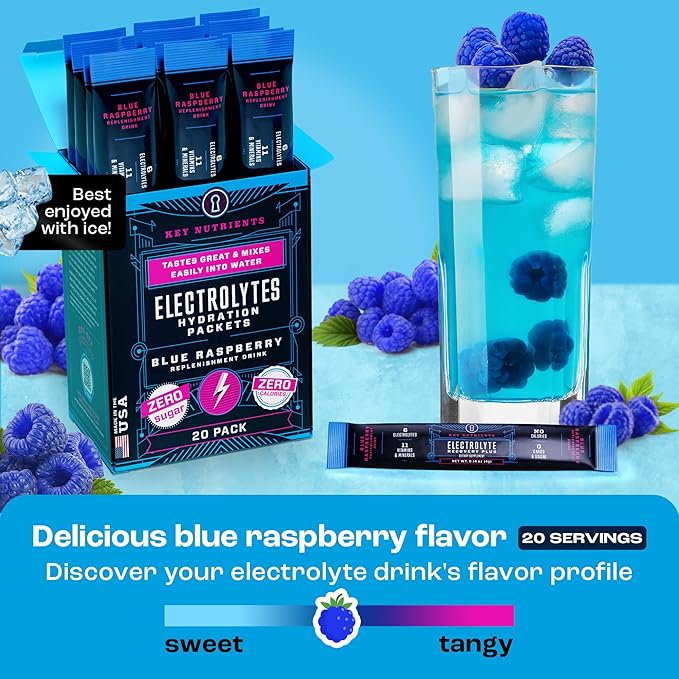 KEY NUTRIENTS Electrolytes Powder Packets 20 Pack - No Sugar, Delicious Blue Raspberry, Hydration Packets with Electrolyte Powder for Refreshing Electrolyte Drink Mix Packets - Zero Calories