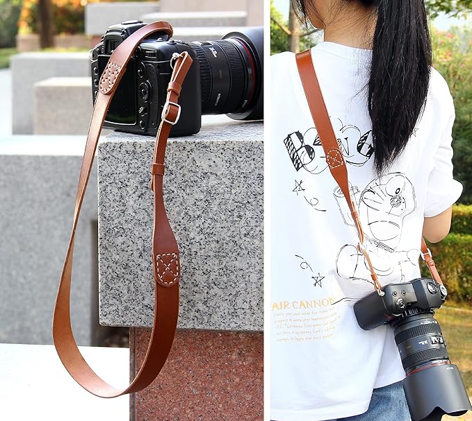 MY MEMORY Handmade Genuine Leather Camera Strap,Adjustable Camera Neck Shoulder Strap for All SLR and DSLR-Brown