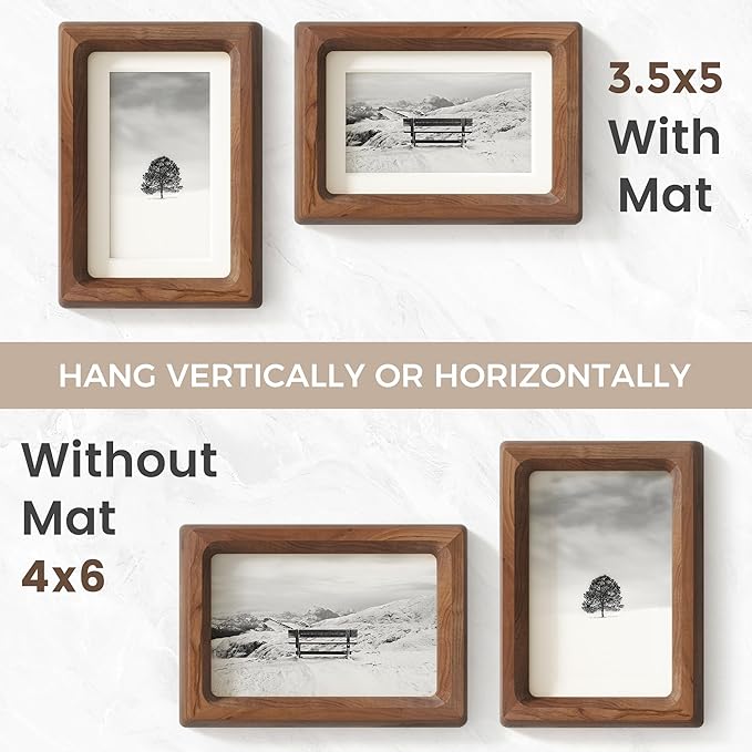 4x6 Picture Frame, USA-Sourced Natural Walnut Wood Photo Frame with Tempered Glass, Handcrafted Rounded Corner 4 x 6 Wooden Frame Matted to 3.5x5 Photos, Wall or Tabletop Display