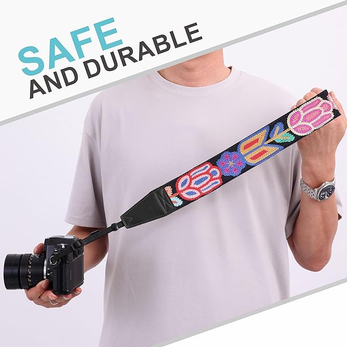 Padwa Lifestyle Colorful Crochet Camera Strap - 2" Full Grain Leather Ends Camera Straps for Photographers, Vintage Woven Cotton Soft Suede Fabric Padded Strap with Quick Release fits All Cameras