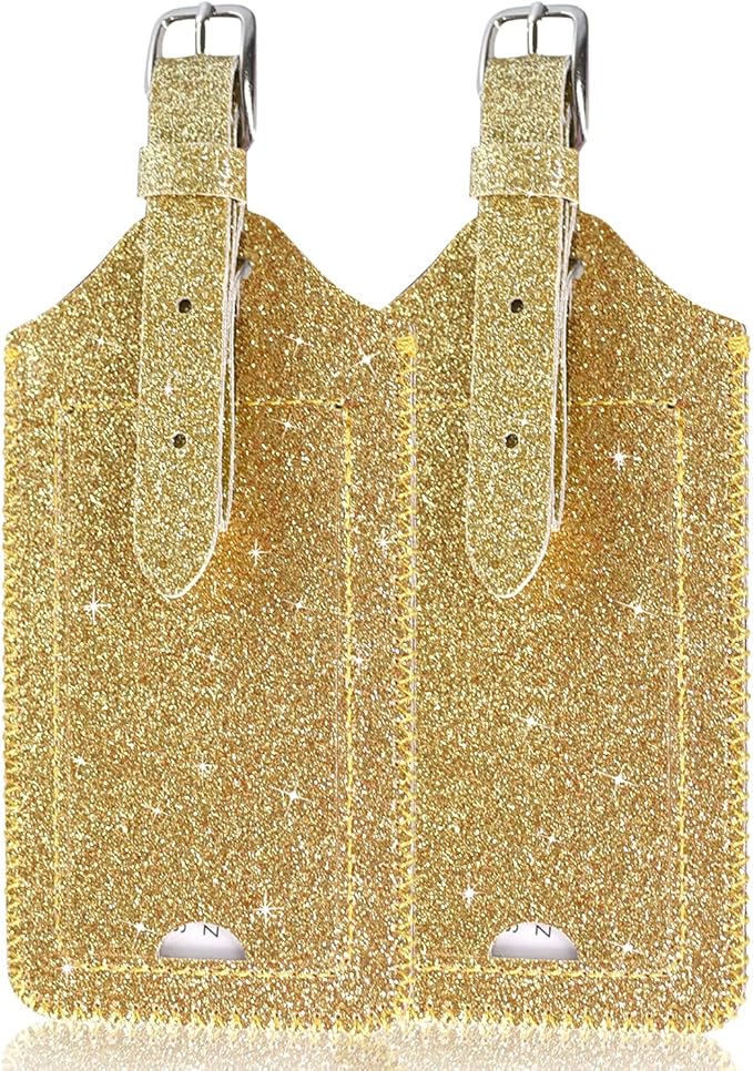 ACdream Luggage Tags 2 Pack, Leather Suitcase Tags Identifiers, Cute Cruise ID Labels with Privacy Cover fits on Backpack, Travel Bag, for Women, Men, Adults, Kids, Glitter Gold