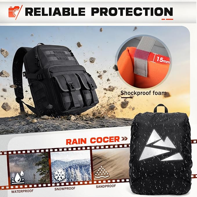 RAINSMORE Camera Bag Backpack for DSLR/SLR/Mirrorless Camera Bags for Photographers 15.6 Inch Waterproof Tactical Photography Backpack Case with Rain Cover & Tripod Holder, Black