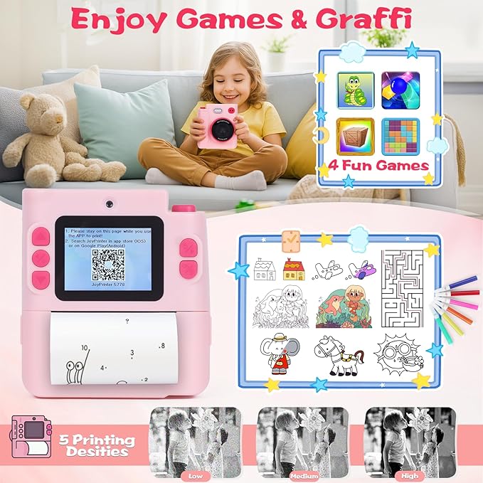 Kids Camera Instant Print, 1080P HD Dual-Lens Selfie Digital Camera with 5 Printing Paper Rolls & 32G TF Card, for Children, Portable Toddler Toy for Age 3-12 Boys & Girls (Pink)