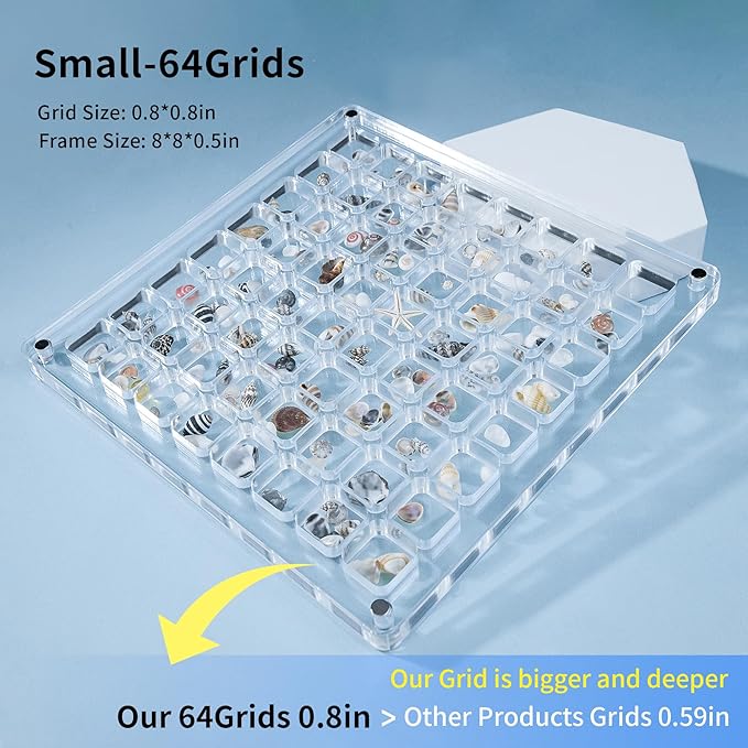 Multi-Style Clear Acrylic Magnetic Seashell Display Collecting Box, Acrylic Shadow Box for Tiny Treasure Hunting Seashell Holder Display Grid Cabinet Case Box,Display Seashell Jewelry Crystal