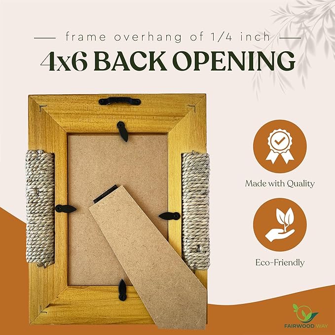 BoHo Wicker Accent Solid Wood Picture Frame for 4x6 Photo or Artwork - Bohemian, Coastal or Beach Style, Wall & Tabletop Decor Picture Frame, All Natural Wood & Seagrass - Golden Brown