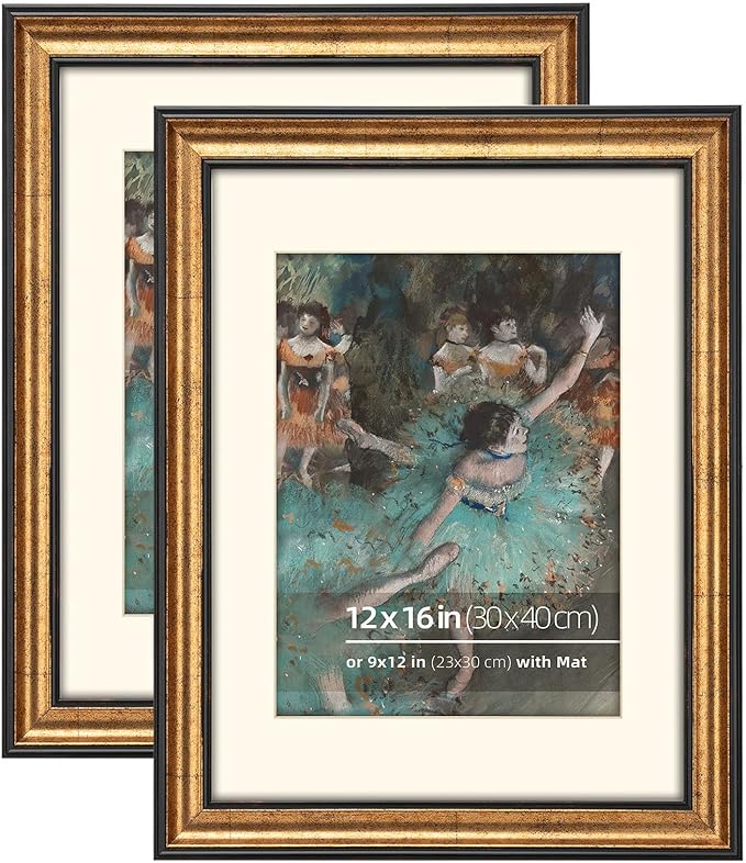 12x16 Antique Gold with Dark Brown Border Trim Wood Ornate Vintage Classic Picture Frame, With Mat 9x12 inches, Plexi Glass Cover, Horiztonal or Vertical Display, 2 Pack