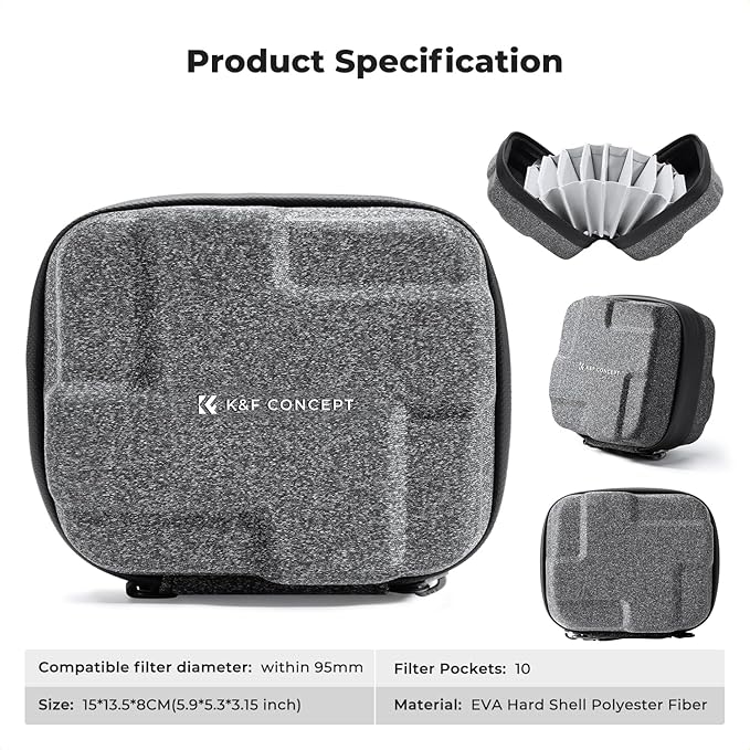 K&F CONCEPT 10 in 1 Lens Filter Case, Hard Shell Camera Filter Pouch Up to 95mm with Hand Strap, Waterproof Camera Lens Filter Storage Wallet for ND UV CPL Filter Pouch