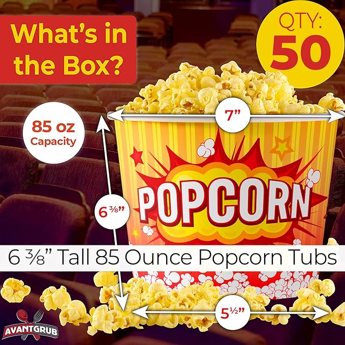 Greaseproof, Retro 85oz Popcorn Buckets 50 Pack. Durable Pop Corn Tubs in Red Yellow. Large Disposable Containers Perfect For Movie Night, Theme Party, Theater, Carnivals & Fundraisers