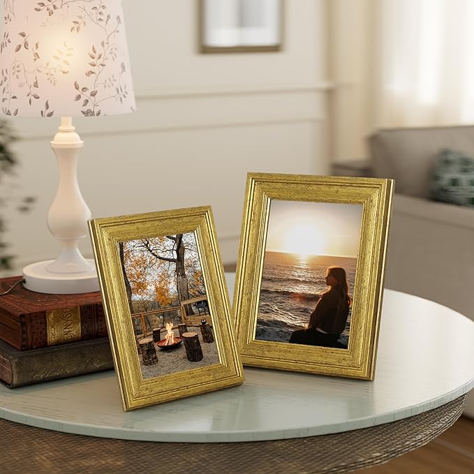 Vittanly 4x6 Picture Frame Set of 4, Vintage Photo Frame for Wall or Tabletop, Display 4x6 Pictures, Rustic Farmhouse Home Decor, Gold