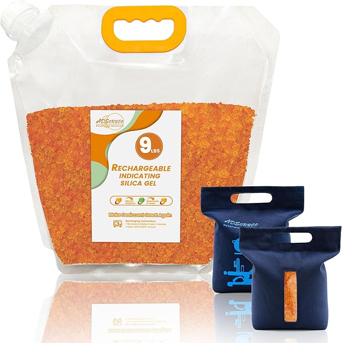 Silica Gel Desiccant Beads – Reusable Desiccant Bulk 3mm Beads for 3D Filament, Electronics, Cameras, Jewelry, and Safes (Orange to Green, 9 LBS+2 Bags)