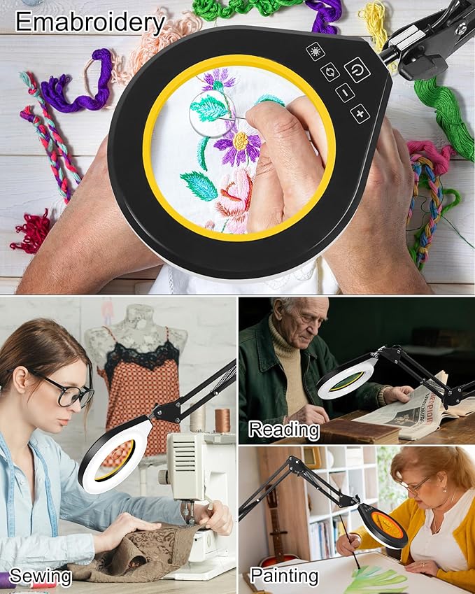 10X & 5X Magnifying Glass with Light, Ultra Long Swing Arm, 5 Colors & 10 Brightness, Real Glass Lens Large Magnifying Lamp for Craft Painting Workbench Jewelry Making Hobby Close Work (Yellow)