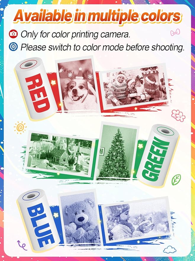 12 Rolls 3-color Kids Camera Paper Roll Refill - Color-Developing Red Green Blue, Thermal Instant Camera Photo Printer for 4 5 6 7 8 9 10 Year Old Girls Boys Birthday Gifts