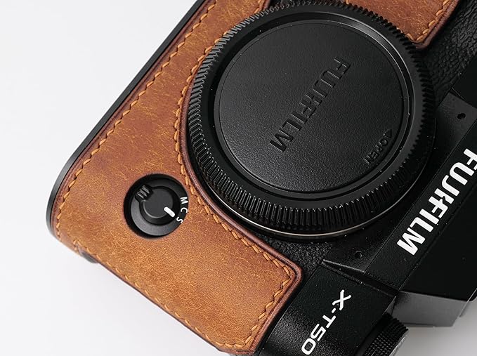 Handmade Genuine Leather Camera Half Case for Fujifilm X-T50 - Top Layer Cowhide Body + Metal Base Plate - Hand Shank Free Design (Yellowish Brown)