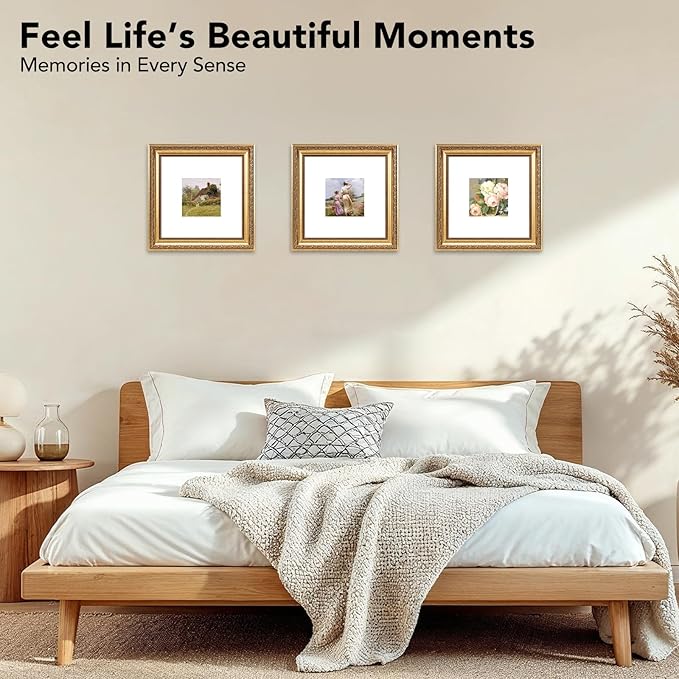 8x8 Vintage Picture Frame with 4x4 Mat Set of 2, Elegant Retro 8 by 8 Photo Frame with Shatter-Resistant Plexiglass for Wall or Tabletop Display, Gallery Decor & Gift, Gold, 2 Pack