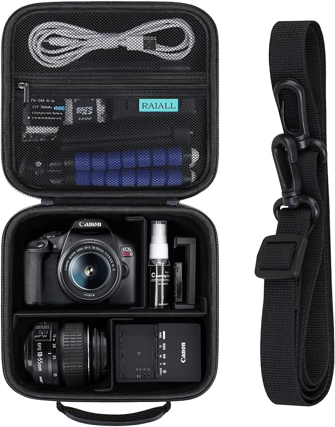 RAIALL Camera Case for Canon EOS Rebel T7/ R50/ R50V/ R100/ R5/ R6 Mark II/ R7/ R8/ R10/RP/T6/ Sony/Nikon D7500 Camera, Hard Carrying Case Protective Travel Bag Fits Lens, Tripod, Batteries, Black