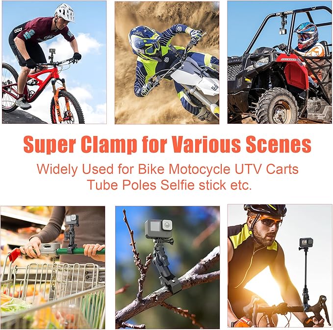 Bike Motorcycle Handlebar Camera Clamp Mount for Gopro Insta360 X5 X4 X3 X2 ONE RS R Mevo Start DJI Action Cameras, Super Clamp Bracket with 1/4" Thread Interface Magic Arm for Moto/Bicycle/Pole