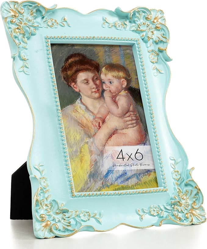Axeman Vintage Blue Picture Frames 4x6 | Antique 4x6 Picture Frame with Real Glass | Ornate Picture Frames 4 x 6 for Wall & Tabletop Display | Retro 4 x 6 Photo Frame Blue Gold
