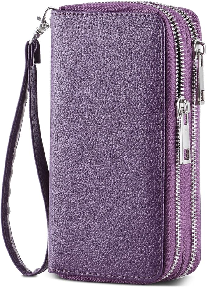 Cellphone Wallet for Women Dual Zipper Long Purse with Removable Wristlet