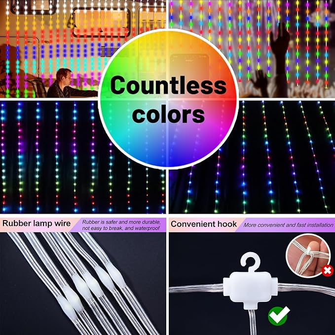 HXWEIYE 300LED Fairy Curtain Lights, 9.8x9.8Ft USB Plug-in 8 Modes Christmas String Hanging Lights with Remote for Bedroom Backdrop Wedding Indoor Wall Decor, RGB Color Changing, Standard – 1 Pack