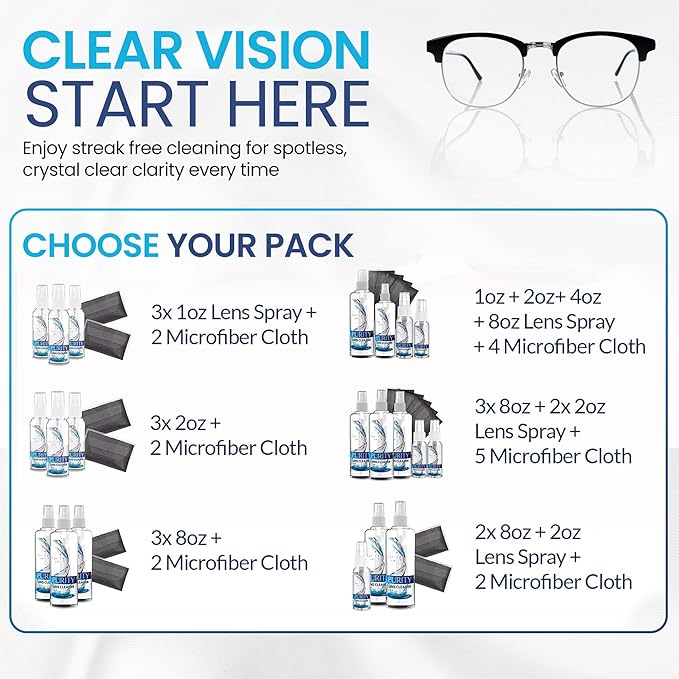 Purity Eyeglass Lens Cleaner Kit - 2 x 8oz and 1 x 2oz Lens Cleaner Spray Bottle + 2 Microfiber Cleaning Cloths - Safe for All Lenses (AR Coated Included), Eyeglasses and Screens - Clear