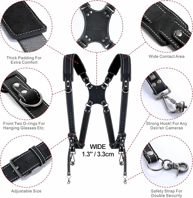 Padwa Lifestyle Black Frosted Dual Camera Harness Strap with Padded for Two Cameras -Full Grain Leather Dual Camera Harness,Multi Camera Gear for DSLR/SLR Strap,Double Camera Harness for Photographers