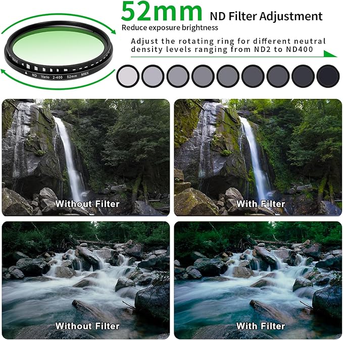 Phone 52MM Variable ND2-ND400 Filter, Multi-Coating Clip Adjustable Neutral Density Lens Kit, Compatible with iPhone 16/15/14/13 Pro Max, Samsung Galaxy, Google Pixel and Other Smart Phones
